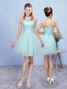 Aqua Blue Tulle Lace Up Halter Top Sleeveless Mini Length Dama Dress Lace