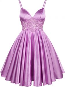 Inexpensive A-line Dama Dress Lilac Spaghetti Straps Elastic Woven Satin Sleeveless Knee Length Lace Up