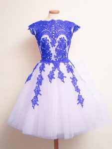 Excellent Mini Length Lace Up Vestidos de Damas Blue And White for Prom and Party and Wedding Party with Appliques