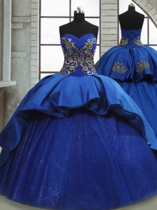 Free and Easy Royal Blue Satin and Tulle Lace Up 15th Birthday Dress Sleeveless Sweep Train Beading and Appliques