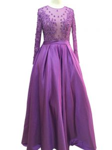 Taffeta Scoop Long Sleeves Zipper Beading and Lace and Appliques Evening Dress in Purple