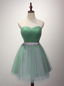 Glittering Green Sleeveless Mini Length Beading and Ruching Lace Up Court Dresses for Sweet 16