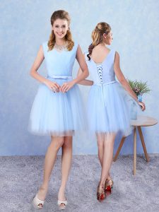 Low Price Tulle V-neck Sleeveless Lace Up Ruching Quinceanera Court Dresses in Aqua Blue