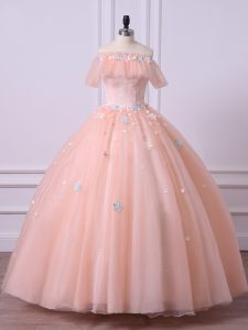 Modern Floor Length Peach Quinceanera Dress Off The Shoulder Short Sleeves Lace Up