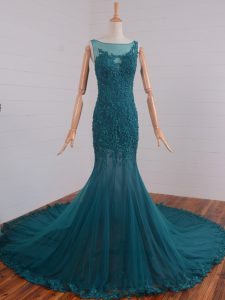 Classical Sleeveless Beading and Lace and Appliques Zipper Evening Dress with Teal Court Train