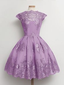 Fashion Knee Length Lavender Quinceanera Court Dresses Scalloped Cap Sleeves Lace Up