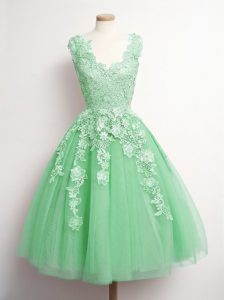 Pretty Green Tulle Lace Up V-neck Sleeveless Knee Length Quinceanera Court Dresses Appliques