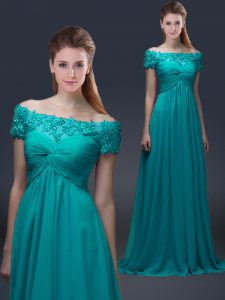 Noble Short Sleeves Appliques Lace Up Prom Gown