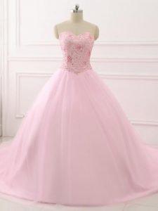 Lace Up Quinceanera Dresses Baby Pink for Military Ball and Sweet 16 and Quinceanera with Beading Brush Train