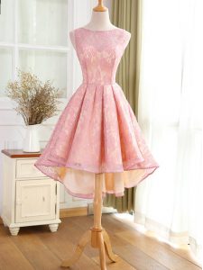 Artistic Lace and Appliques Prom Dresses Pink Backless Sleeveless High Low