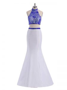 Elegant Satin Halter Top Sleeveless Criss Cross Beading Prom Evening Gown in White