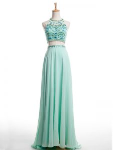 Spectacular Apple Green Halter Top Backless Beading Prom Evening Gown Brush Train Sleeveless