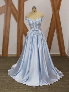 Unique Floor Length Light Blue Prom Dress Elastic Woven Satin Sleeveless Appliques and Belt
