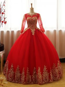 Red Scoop Neckline Appliques Sweet 16 Dress Long Sleeves Lace Up