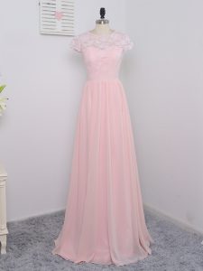 Baby Pink Empire Chiffon Scoop Short Sleeves Lace Floor Length Zipper Dama Dress