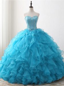 Customized Baby Blue Sweetheart Neckline Beading and Ruffles Sweet 16 Dresses Sleeveless Lace Up