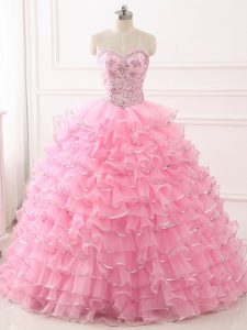 Top Selling Baby Pink Sleeveless Sweep Train Beading and Ruffled Layers 15th Birthday Dress