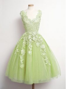 Sweet Yellow Green Damas Dress Prom and Party and Wedding Party with Appliques V-neck Sleeveless Lace Up