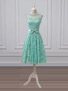Sleeveless Knee Length Lace and Bowknot Lace Up Court Dresses for Sweet 16 with Apple Green