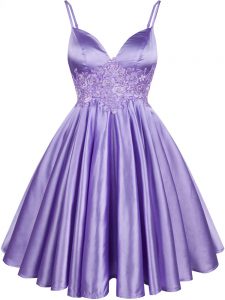 Lilac Elastic Woven Satin Lace Up Dama Dress for Quinceanera Sleeveless Knee Length Lace