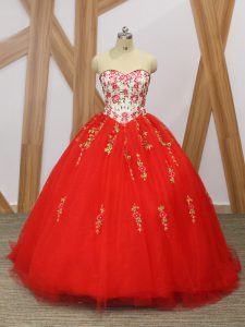 Free and Easy Red Ball Gowns Embroidery and Ruffled Layers Quince Ball Gowns Lace Up Tulle Sleeveless