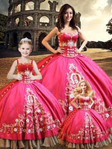 Superior Floor Length Lace Up Quinceanera Gown Hot Pink for Military Ball and Sweet 16 and Quinceanera with Beading and Embroidery