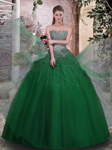 Eye-catching Strapless Sleeveless Quinceanera Gowns Floor Length Beading Dark Green Tulle