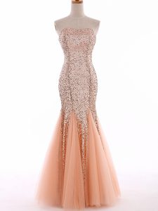 Cute Floor Length Lace Up Prom Gown Peach for Prom and Military Ball and Sweet 16 and Beach with Sequins
