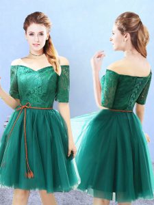 Eye-catching Green Off The Shoulder Neckline Lace Damas Dress Half Sleeves Lace Up