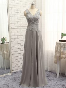 Grey Chiffon Zipper V-neck Sleeveless Floor Length Prom Evening Gown Lace and Appliques