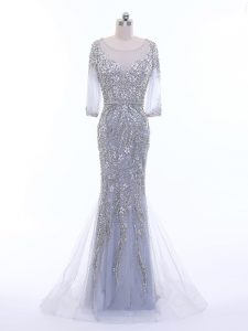 Great Silver Column/Sheath Beading Dress for Prom Zipper Tulle 3 4 Length Sleeve