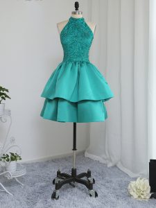 Turquoise Satin Zipper Dress for Prom Sleeveless Mini Length Lace and Appliques