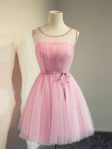 Fine Rose Pink Tulle Lace Up Dama Dress Sleeveless Knee Length Belt