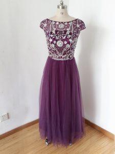 Fantastic Short Sleeves Tulle Zipper Dress for Prom in Eggplant Purple with Beading