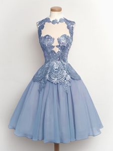 Light Blue A-line Chiffon High-neck Sleeveless Lace Knee Length Lace Up Quinceanera Court of Honor Dress