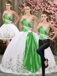 White Three Pieces Embroidery and Belt Quinceanera Dress Lace Up Organza Sleeveless Floor Length