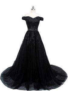 New Arrival Black A-line Beading and Lace and Appliques Evening Dress Lace Up Tulle Sleeveless