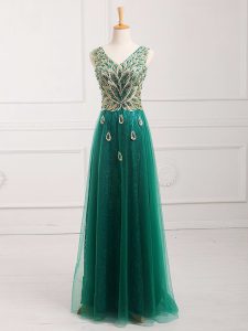 Dark Green Tulle Zipper Evening Dress Sleeveless Floor Length Lace