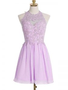 Lavender Quinceanera Court of Honor Dress Prom and Party and Wedding Party with Appliques Halter Top Sleeveless Lace Up