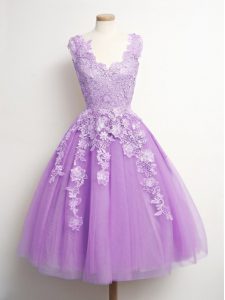 A-line Dama Dress Lilac V-neck Tulle Sleeveless Knee Length Lace Up