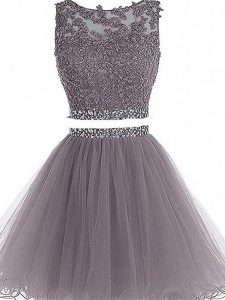 Grey Sleeveless Tulle Zipper Prom Dress for Prom and Party and Sweet 16