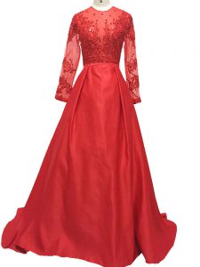 Shining Long Sleeves Elastic Woven Satin Brush Train Zipper Prom Party Dress in Red with Lace and Appliques