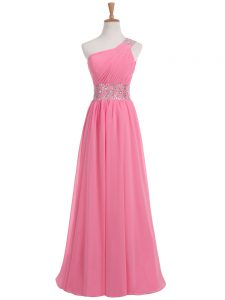 Most Popular Floor Length Rose Pink Prom Gown One Shoulder Sleeveless Backless