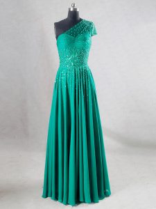 Floor Length Backless Evening Dress Turquoise for Prom and Party and Military Ball and Sweet 16 and Beach with Beading and Pleated