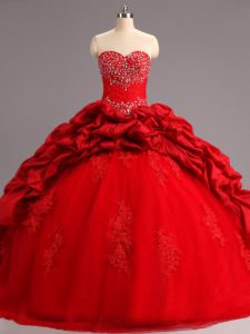 Sweet Sleeveless Taffeta and Tulle Court Train Lace Up Ball Gown Prom Dress in Red with Beading and Appliques and Pick Ups