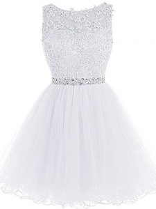 Glorious White A-line Beading and Lace and Appliques Prom Dresses Zipper Tulle Sleeveless Mini Length
