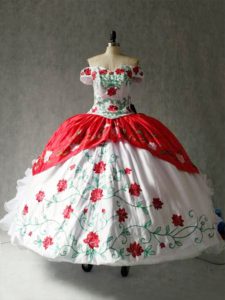 Sumptuous Off The Shoulder Cap Sleeves Quinceanera Dress Floor Length Embroidery and Ruffles White And Red Organza and Taffeta
