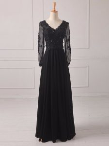 Black Zipper Prom Party Dress Lace and Appliques Long Sleeves Floor Length