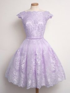 Lavender Lace Up Scalloped Lace Dama Dress for Quinceanera Lace Cap Sleeves