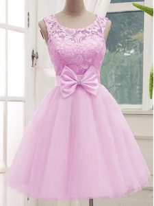 Glittering Lilac A-line Scoop Sleeveless Tulle Knee Length Lace Up Lace and Bowknot Quinceanera Court Dresses